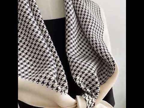Houndstooth Black and White French Twill Silk Square Scarf 35 inch 14 momme