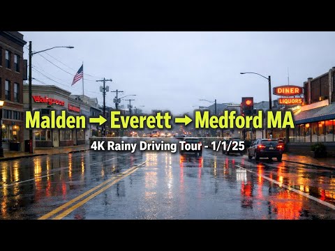 🚖 Malden - Everett - Medford Massachusetts | 4K Rainy Driving Tour - 1/1/25
