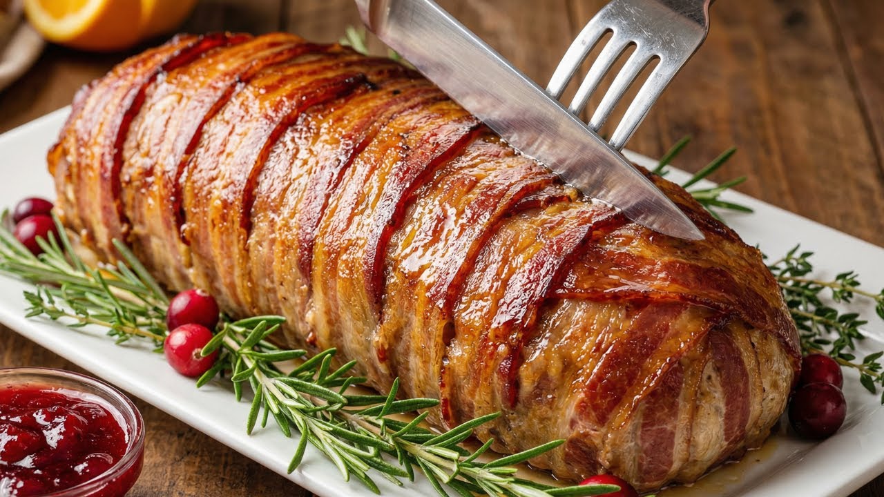 Impress Your Festive Party Dinner Guests! Juicy minced meat roll wrapped in bacon.