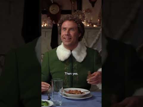 ELF - WE ELVES STICK TO THE FOUR MAIN FOOD GROUPS. Buddy puts syrup in his spaghetti.