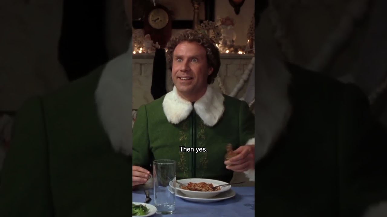 ELF - WE ELVES STICK TO THE FOUR MAIN FOOD GROUPS. Buddy puts syrup in his spaghetti.