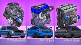 LEGENDARY ENGINES IN ICONIC CARS! | Mustang V8, Civic K20C1 & Evo IX 4G63T Animation