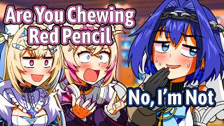 Fuwamoco Suspects Kronii Who Chewing Red Pencil At Hololive Studio【Hololive EN】