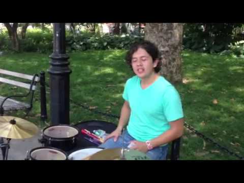 Adrien Sanchez from Mexico, part of Batala group-his first day playing in NY City