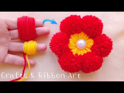 Amazing Pom Pom Flower Making Ideas with Fingers - DIY Woolen Flowers - Hand Embroidery Easy Trick