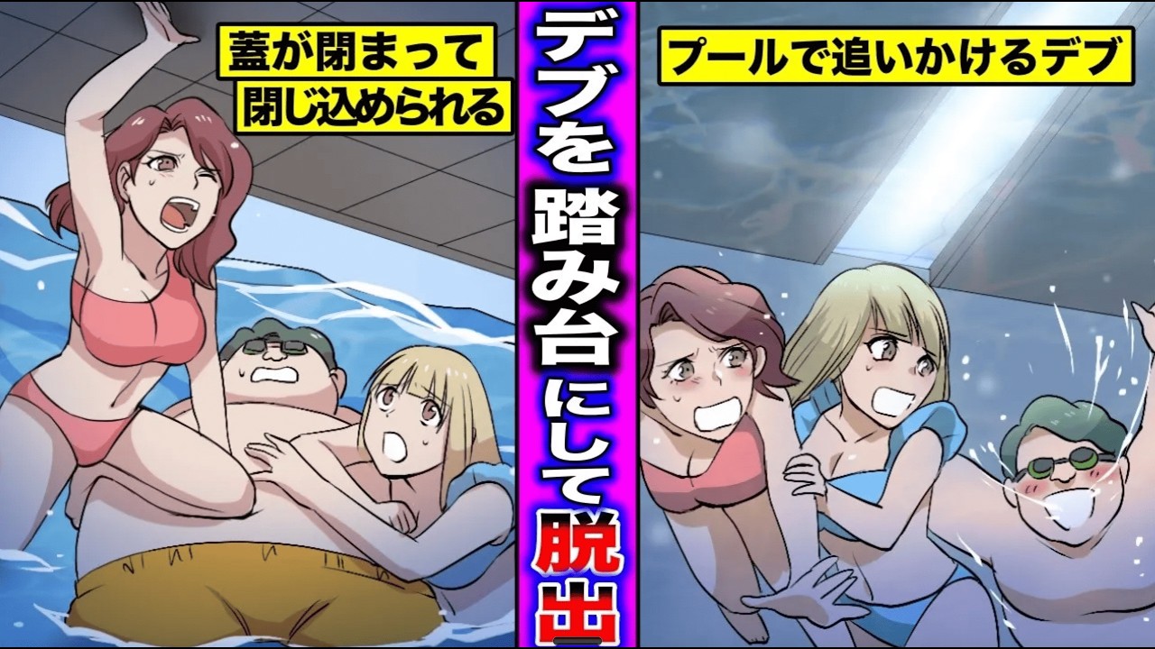 【漫画】どうしても生理的に受け付けないデブ男とプールの中に閉じ込められた美女はどうなってしまうのか？