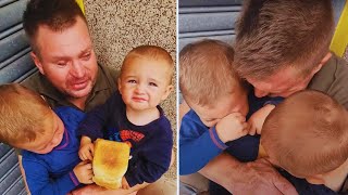 Poor Dad Crying on the Street Holds His Kids and a Loaf of Bread – Then a Stranger Who Notices Him