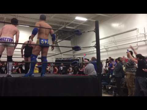 The Maine State Posse make their entrance alongside Skylar and Jeremy Leary to battle Freelance Wre