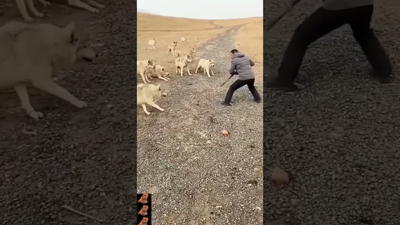 pack of wolves attack man. see.. defend yourself with a piece of wood