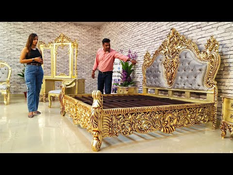 YT859 Luxury Champagne Leaf Bedroom Furniture with High Back Chair & 3 mirror dressing table Video