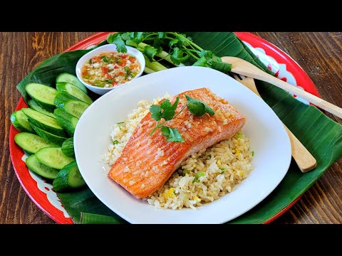 Delicious Garlic butter salmon with egg fried rice