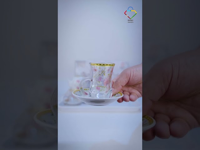 طقم بيالات شاي زجاج وفناجين قهوة سيراميك مع صحون ا...