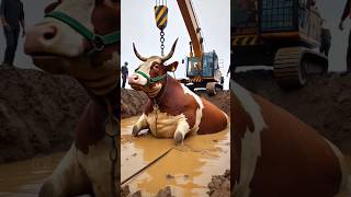 Heavy cow stuck in muddy well takeout by rescue team🙏 #humanity #cow #rescueanimals #animals #help