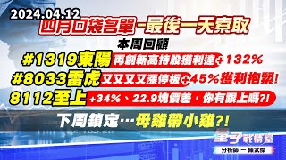 【量子戰情室】#陳武傑0412 本周回顧#1319東陽 再創新高持股獲利達+132%#8033雷虎 +45%獲利抱緊!!8112至上 +34%、22.9塊價差，你有跟上嗎?!下周鎖定…母雞帶小雞?! (圖)