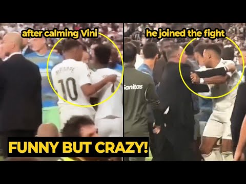 Moment Mbappé tries to calm down Vinicius Jr from trying to FIGHT and then later JOINS himself