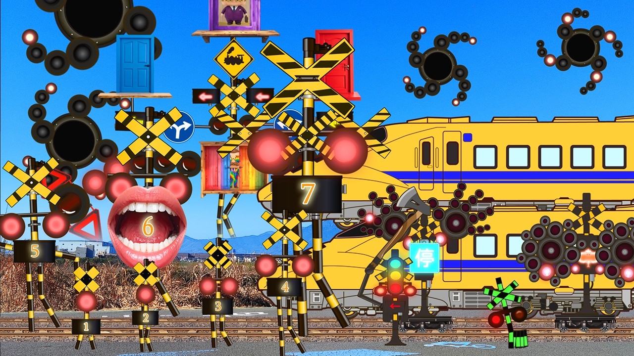 踏切アニメ　打ったり岩を壊したりして行進するふみきりカンカンと救急車　Railroad Crossing and train　fumikiri　　ドクターイエロー