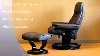 Stressless Sunrise Large Recliner and Ottoman in Paloma Rock Leather and Black Wood Base by Ekornes
