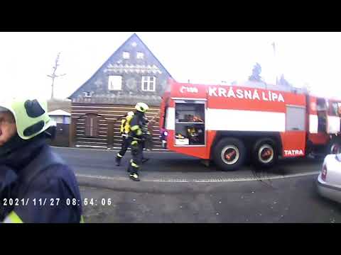 Cvičný požár chatky 27.11.2021 Krásná Lípa ul. Varnsdofská JSDH Krásná Lípa