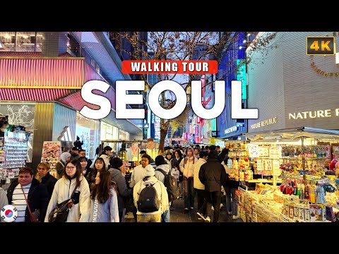 Seoul, KOREA - Myeongdong Street with Christmas Lights 2025 4K Walking Tour