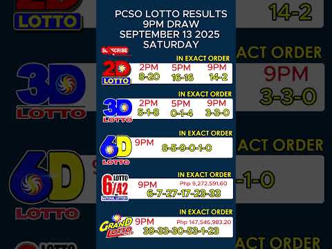 9PM PCSO LOTTO RESULT SEPTEMBER 13,2025 SATURDAY 2D 3D 6D 6/42 6/55