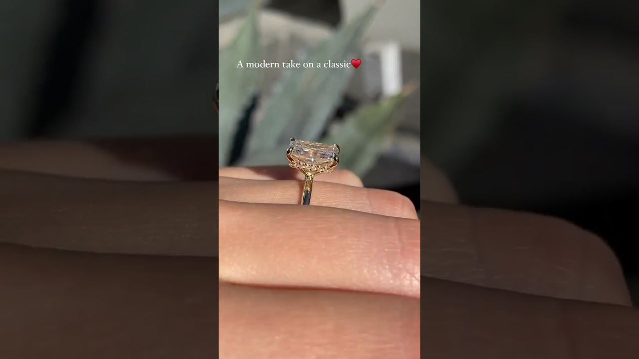 Radiant Cut Moissanite Solitaire Hidden Halo Engagement Ring