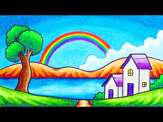 How To Draw Easy Scenery Drawing Rainbow In The Village Scenery Step By Step With Oil Pastels Vtomb
