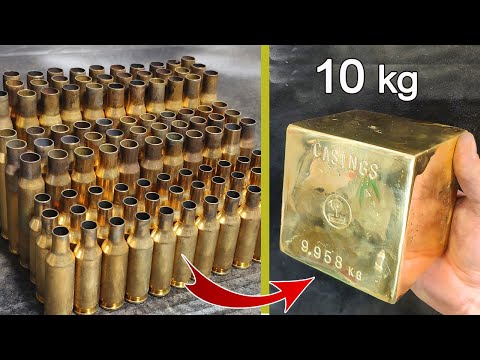 Casting huge cube - Melting cartridge cases. Trash to treasure- ASMR brass casting