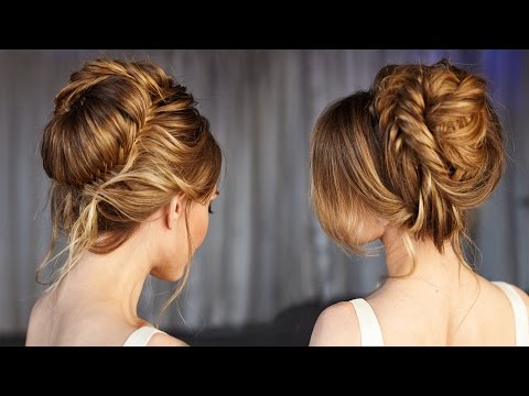 Высокая прическа из бублика с плетением рыбий хвост