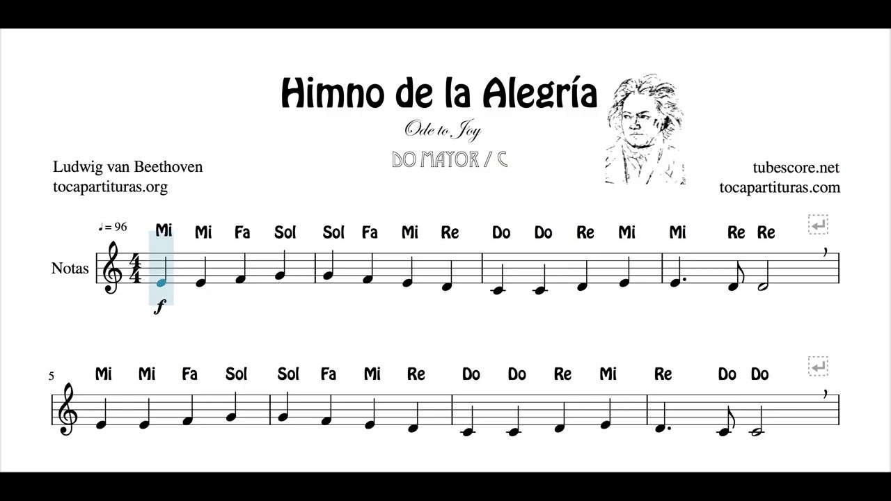 Himno de la Alegría Paritura con Notas en Do Mayor Flauta Violín Oboe