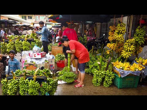 Banana For Sales At Chhar Ampov Market , Morning Street Food In Phnom Penh