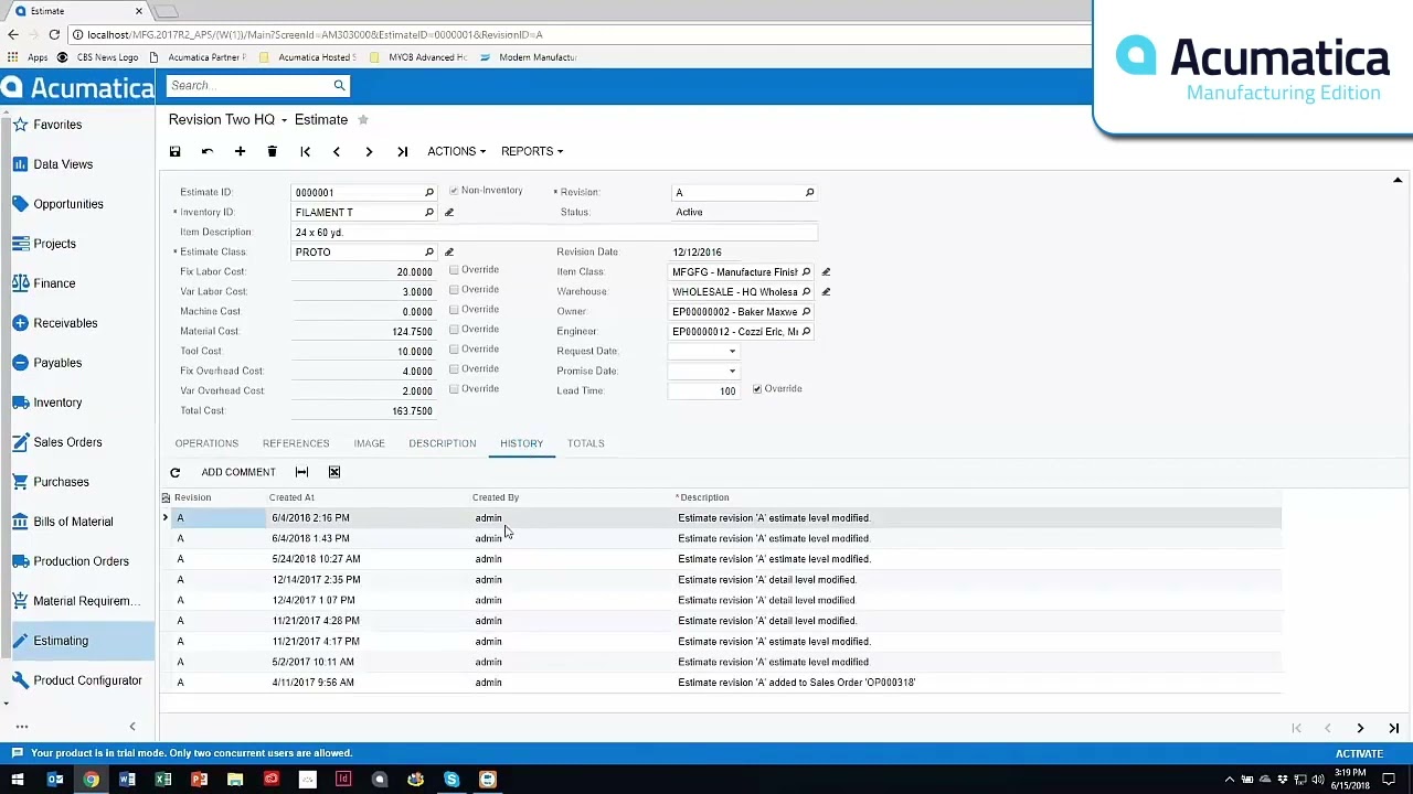Acumatica Manufacturing Demo:  Manufacturing Estimates
