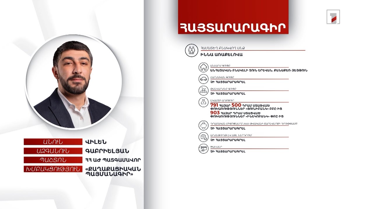 2 անշարժ և 2 շարժական գույք, 879 հազար դրամ. ՀՀ ԱԺ պատգամավոր Վիլեն Գաբրիելյանի հայտարարագիրը