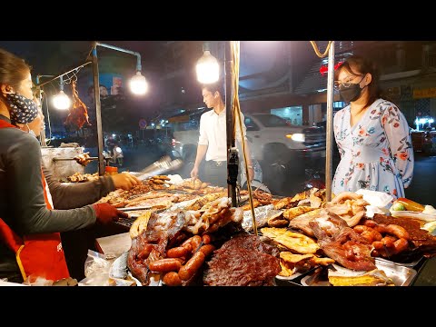 Phnom Penh Night Street Food - Grilled Meat, Beef, Chicken, Pork Ribs, Fish, Soup & More Food