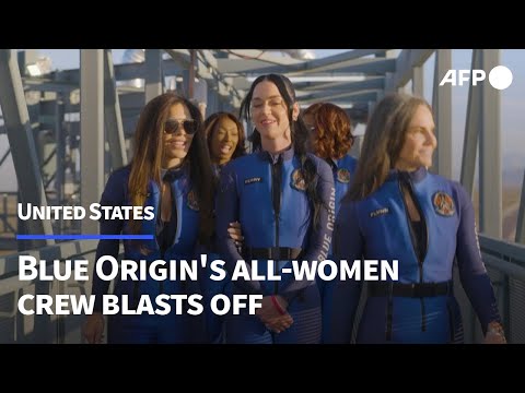 Katy Perry and fellow all-women crew members before and after Blue Origin flight | AFP