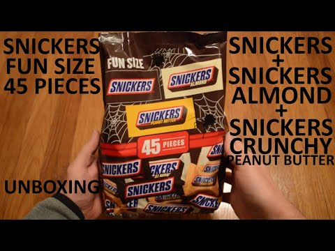 Unboxing Fun Size Snickers, Snickers Almond, And Snickers Crunchy Peanut Butter 45 Pieces Bag