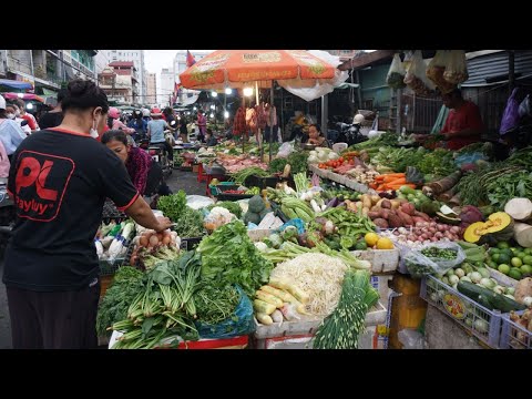 Fresh Banana, Sweet Longan, Rural Fish, Crab & Vegetable Type in Town - Street Market Evening Scene