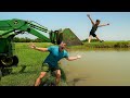 Jumping off tractors into the water and mud | Tractors for kids