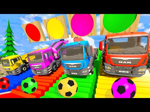 Funny cars vs bollards trap with portal trap - Cars vs stairs color - Cars vs rails and train