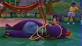 Barney- Whoa! (gets tangled, falls down)