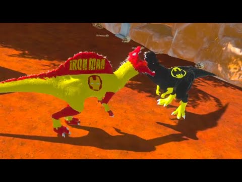 Ironman Spinosaurus vs Batman T rex Deathrun fall - Animal Revolt Battle Simulator | UNI DINO