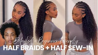 HALF BRAIDS HALF SEW- IN | Easy DIY Braided Sew-in With Curly Hair (Beginner Friendly) ft hot braids