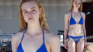 Bikini babe! Elle Fanning in blue swimsuit while filming her upcoming crime thriller Galve