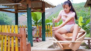 Genius Girl cuts wood to build fishing boats. Technique using fire to bend wood to make boats. Ep131