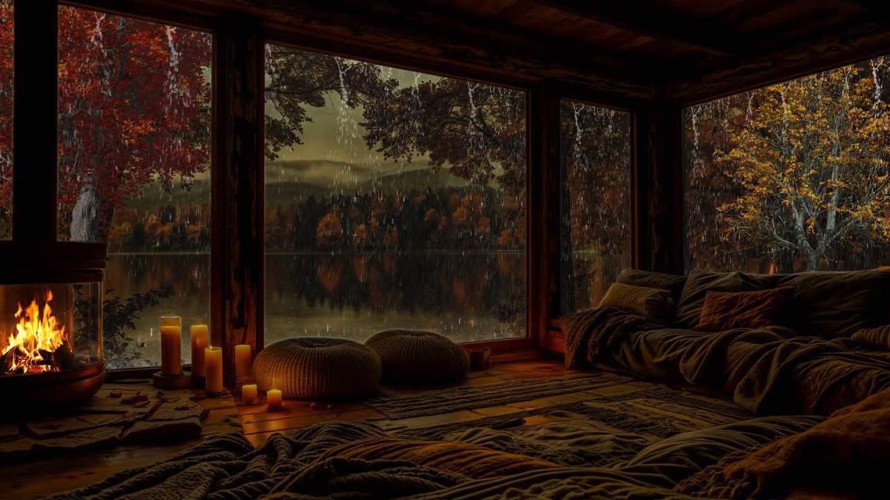 Rainy Autumn Retreat 🍁 Warm Fireplace and Gentle Autumn Rain 🌧️🔥 Peaceful by the Calm lake