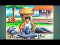 How to draw pottery man step by step/village potter man drawing with oil pastel
