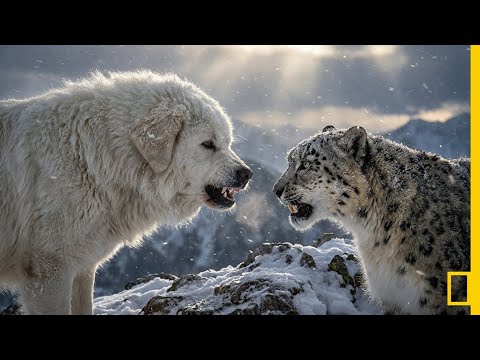 Huge Guard Dog vs Snow Leopard: The Ultimate Standoff!