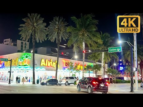 4K Night Walk along Collins Ave, South Beach | Miami After Dark | Scenic City Walk