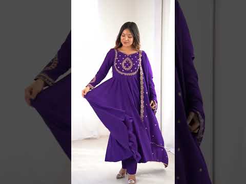 Purple Designer Heavy Pure Roman Chanderi Silk 16 Kali Anarkali Gown Set with Beads Handwork, 4-Meter Flare, Churidar Sleeves & Fancy Dupatta