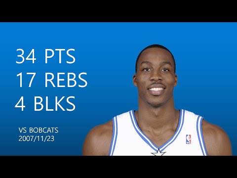 Dwight Howard | 34 pts,17 rebs,2 asts,3 stls,4 blks | November 23,2007 | vs CHA