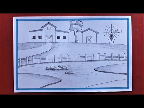 Draw a farm scene with barns river || Pencil Scenery Drawing Easy